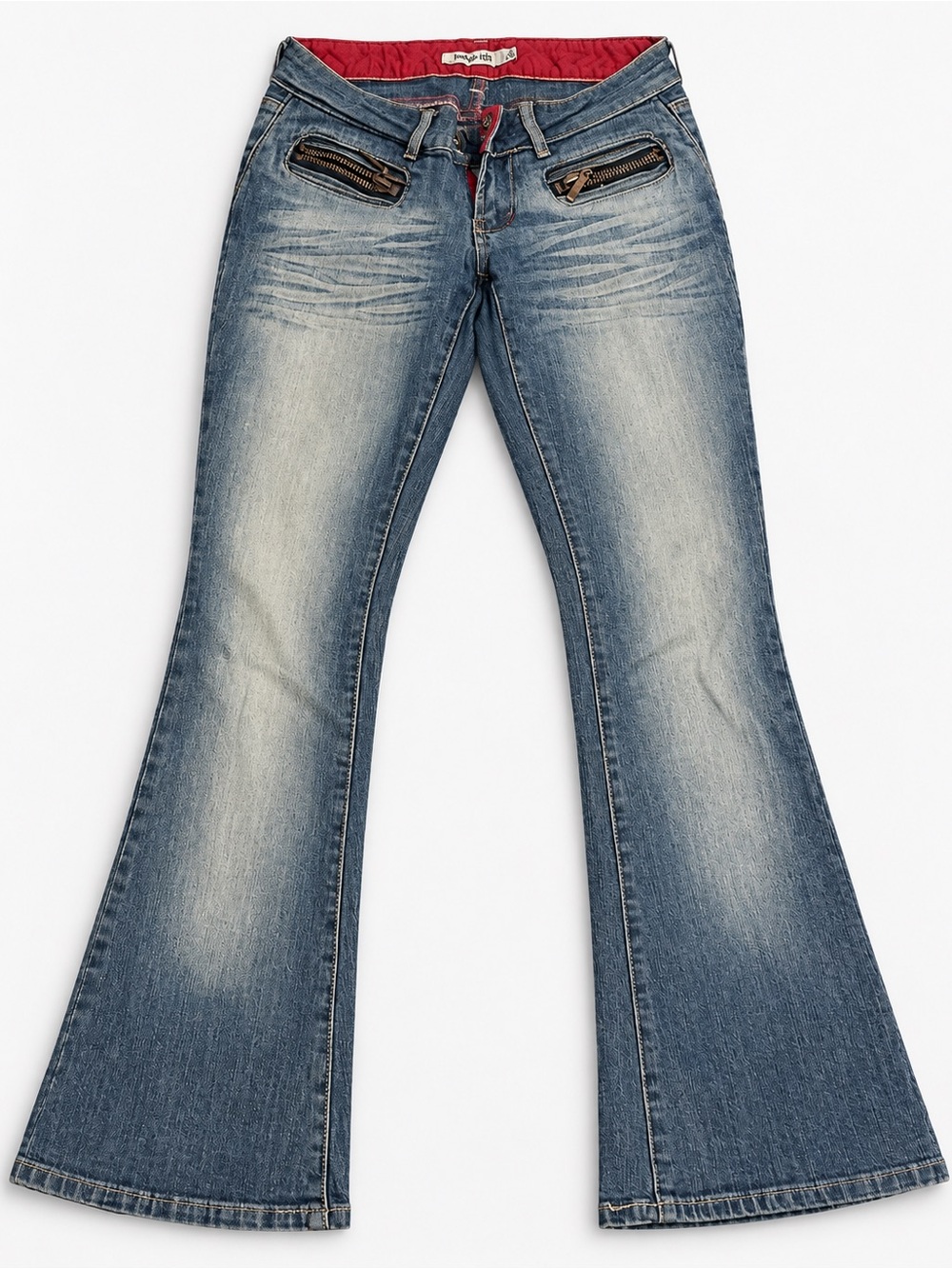 Indigo Rein Distressed Blue Flare Jeans with Red Inner Waistband